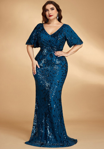 Plus Size Women Sequin Short-Sleeved Pleated Mermaid Evening Dress
