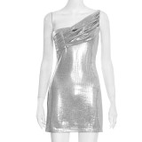Women Spring Solid Sexy Slash Shoulder Shiny One-Shoulder Dress