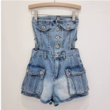 Women Summer Cargo Button Denim Jumpsuit