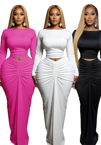 Women Spring Solid Sexy Hollow Out Crop Top and Gathered Two-piece Skirt Set