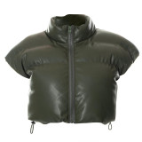 Autumn/Winter Women's Stand Collar Faux Leather Short Puffer Cotton Vest
