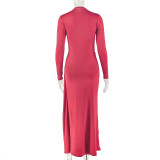 Women Solid Pleated Round Neck Long-Sleeve Bodycon Dress