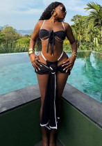 Women Color Block Sexy Beach Swimwear with Bow (Three-Piece)