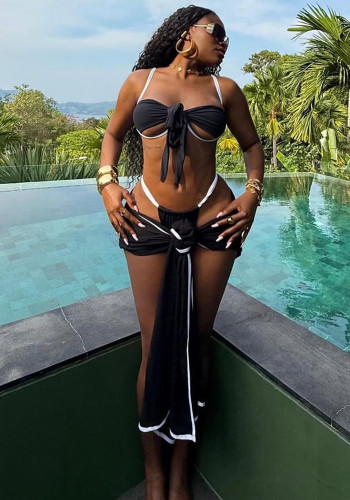 Women Color Block Sexy Beach Swimwear with Bow (Three-Piece)