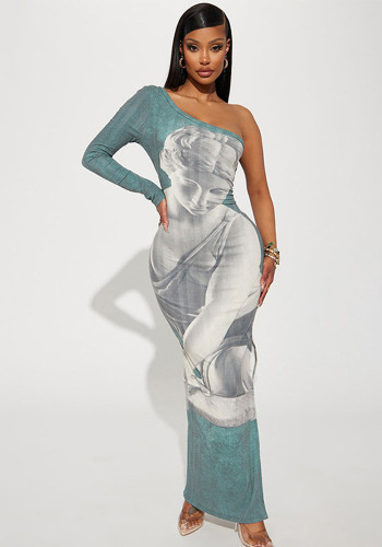 Women's Fashion Printed One-Shoulder Long Sleeve Slim Waist Long Dress