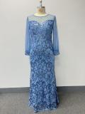 Plus Size Women See-Through Long-Sleeve Round Neck Sky Blue Evening Dress
