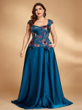 Women Elegant Sequin Embroidered Contrast Color Square Neck Evening Dress