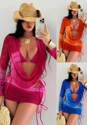 Women's Swimwear Printed Mesh Long Sleeve Beach Skirt Sexy Bikini Four-Piece Set