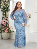 Plus Size Women See-Through Long-Sleeve Round Neck Sky Blue Evening Dress