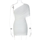 Women Summer Solid Sexy Slash Shoulder Pleated Mesh Dress