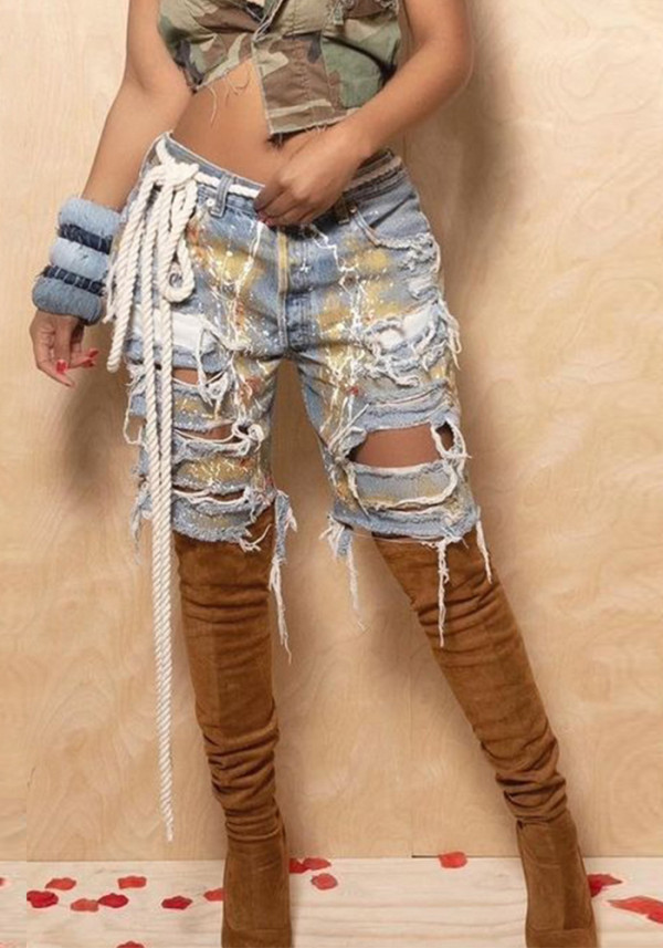 Autumn Women's Street Style Printed Ripped Fringe Denim Shorts