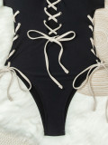 Women Sexy Beach Color Block Lace-Up Swimwear