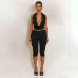Women's Fashion Solid Color Sexy Cutout Halter Neck Top & Cropped Pants Set