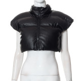 Autumn/Winter Women's Stand Collar Faux Leather Short Puffer Cotton Vest