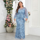 Plus Size Women See-Through Long-Sleeve Round Neck Sky Blue Evening Dress