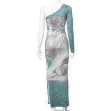 Women's Fashion Printed One-Shoulder Long Sleeve Slim Waist Long Dress