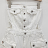 Women Summer Cargo Button Denim Jumpsuit