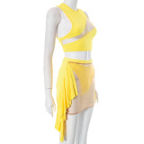 Summer Women's Sexy Mesh See-Through Cutout Patchwork Top & Skirt Set