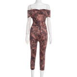 Women Leopard Print Mesh Off Shoulder 3/4 Jumpsuit