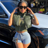 Autumn/Winter Women's Stand Collar Faux Leather Short Puffer Cotton Vest