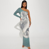 Women's Fashion Printed One-Shoulder Long Sleeve Slim Waist Long Dress