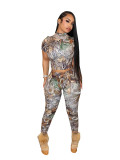 Women Printed High-Neck Short-Sleeve Crop Top and Pants Two-Piece Set
