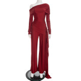 Women Autumn/Winter One-Shoulder Ribbon Loose Straight-Leg Long Jumpsuit