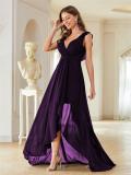 Women's V-Neck Chiffon Ruched Low Back High-Low Bridesmaid Party Dress