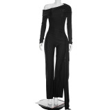 Women Autumn/Winter One-Shoulder Ribbon Loose Straight-Leg Long Jumpsuit