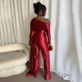 Women Autumn/Winter One-Shoulder Ribbon Loose Straight-Leg Long Jumpsuit