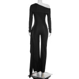 Women Autumn/Winter One-Shoulder Ribbon Loose Straight-Leg Long Jumpsuit