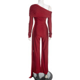 Women Autumn/Winter One-Shoulder Ribbon Loose Straight-Leg Long Jumpsuit