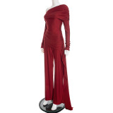 Women Autumn/Winter One-Shoulder Ribbon Loose Straight-Leg Long Jumpsuit