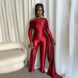 Women Autumn/Winter One-Shoulder Ribbon Loose Straight-Leg Long Jumpsuit