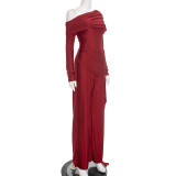 Women Autumn/Winter One-Shoulder Ribbon Loose Straight-Leg Long Jumpsuit