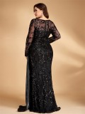 Plus Size Elegant Sequin Patchwork Round Neck Long Sleeve Evening Dress