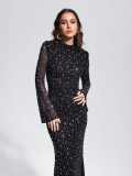 Women's Black Chic Sexy Rhinestone Strap Tight-Fitting Long Sleeve Dress