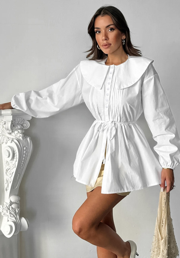 Women's Cotton Khaki Pleated Peter Pan Collar Tie Slim-Fit Career Shirt