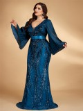 Plus Size Sequin Bell-Bottom Sleeve Mermaid Formal Party Dress
