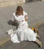 Women's Cotton Irregular Slit Ruffle Long Skirt