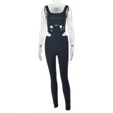 Women's Sporty Solid Color Cut-Out Low Back Tight Slim Jumpsuit