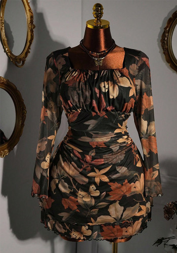 Women's Print Colorblock U-Neck Slim Waist Long Sleeve Dress