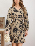 Spring Fall Women's V-Neck Tie Floral Long Sleeve Dress