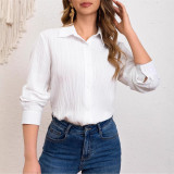 Spring Fall Women's Solid Color Cotton Turndown Collar Long Sleeve Shirt