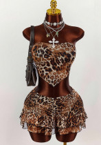 Women's Leopard Print Strapless Crop Top & Ruffle Skirt Set