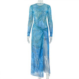 Women's Career Colorblock Slit Bodycon Round Neck Long Sleeve Dress