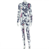Women's Printed Colorblock Stand Collar Stretchy Tight Slim Jumpsuit