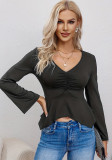 Women's Chic V-Neck Ruched Slim-Fit Long Sleeve Crop Top
