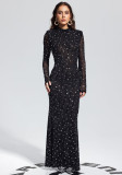 Women's Black Chic Sexy Rhinestone Strap Tight-Fitting Long Sleeve Dress