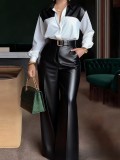 Women's Chic Career Long Sleeve Shirt & Belted Wide-Leg Leather Pants Set